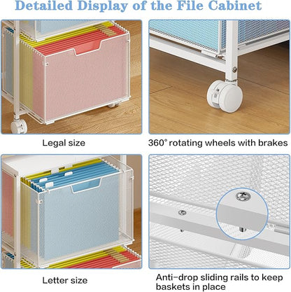 Letter/Legal Rolling File Cabinet, Rolling File Cart with 2 Drawers Filing Cabinet for Home Office, Hanging File Folders Organizer for Under Desk Storage, Mobile Printer Stand, White
