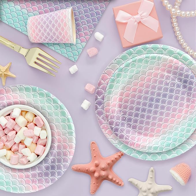 96pcs Mermaid Plates and Napkins, Mermaid Scale Paper Plates and Cups Disposable Tableware Set for 24 Guest Baby Shower Tea Kids Birthday Party Supplies Decorations