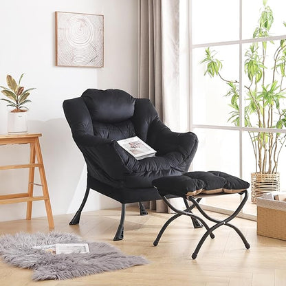 LITA Lazy Chair with Ottoman, Modern Accent Leisure Upholstered Sofa Chair, Contemporary Lounge Reading Chairs with Armrests and a Side Pocket for Living Room, Bedroom & Small Space, Black