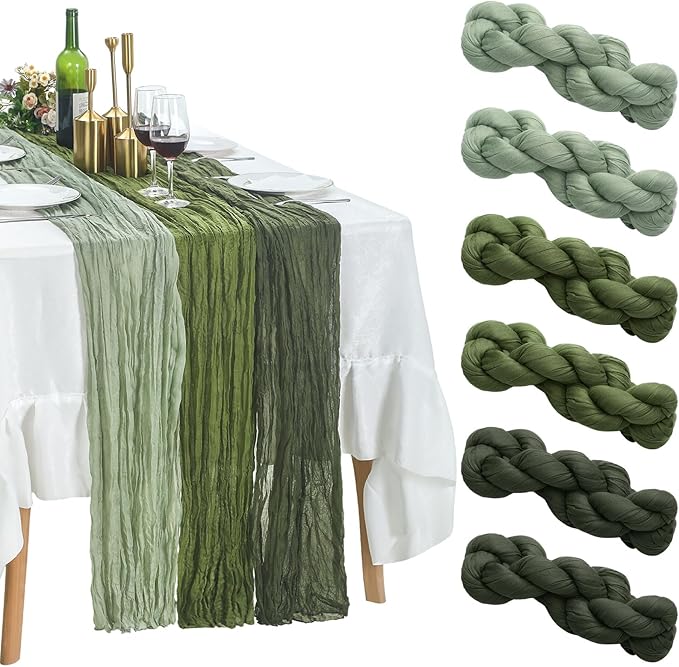 6 Pcs Cheesecloth Table Runner 10ft Boho Rustic Gauze Cheese Cloth Table Runner for Wedding Birthday Baby Shower Party Feasts Ceremony Summer(Sage Green, Moss Green, Olive Green)