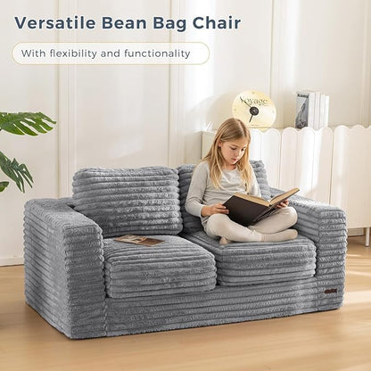 MAXYOYO Giant Bean Bag Chair for Adults, Upholstered Loveseat Floor Sofa with Pillows and Armrests, Large Bean Bag Sofa Plush Chair Bean Bag Couch for Bedroom Living Room, Grey