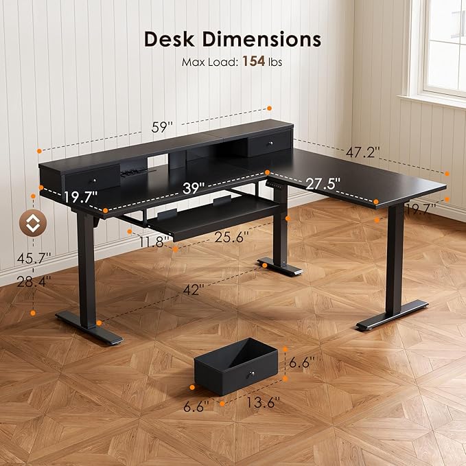 OffiGo 59 Inch L Shaped Electric Standing Desk with Drawers, Height Adjustable Corner Computer Desk with Keyboard Tray & Monitor Stand, Stand Up Table for Home Office Workstation, Black