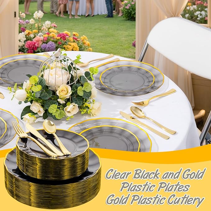 EI 150pcs Clear Black Dinnerware Set,Clear Black Fancy Plastic Plates with Gold Rimmed and Gold Plastic Silverware,Heavy Duty Party Plates Disposable for Afternoon Tea,,Christmas,New Year