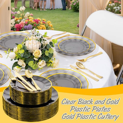 EI 150pcs Clear Black Dinnerware Set,Clear Black Fancy Plastic Plates with Gold Rimmed and Gold Plastic Silverware,Heavy Duty Party Plates Disposable for Afternoon Tea,,Christmas,New Year