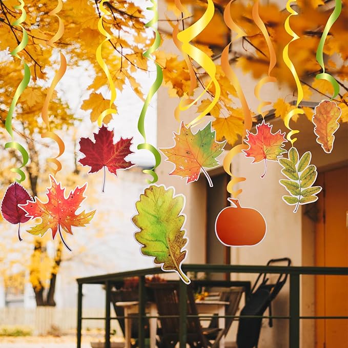 30pcs Thanksgiving Fall Hanging Swirls Decorations Hanging Fall Decor Pumpkin Maple Leaf Fall Ceiling Decorations for Party Home Classroom Autumn Office Work Harvest Streamers Decor Favors Supplies