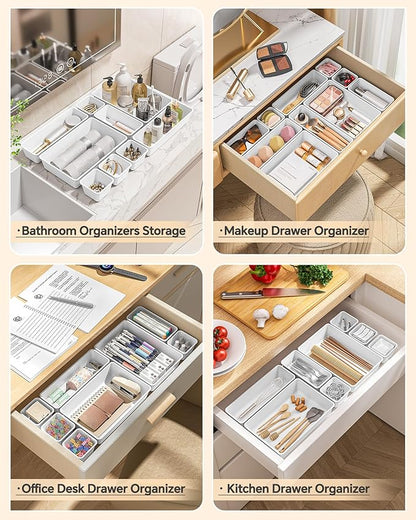 25 PCS Plastic Drawer Organizers Set, 4 Sizes Vanity Organizer, Makeup and Desk Drawer Organizer Trays, Organization and Storage for Makeup, Bathroom, Kitchen Utensils and Office (White)