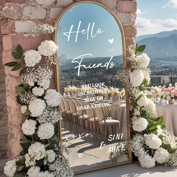 Personalized Wedding Welcome Sign Decals for Mirror Selfie Mirror Vinyl Decal for Wedding Party Entry DIY Bride and Groom Names Stickers Hello Friends Sign Decal for Seating Chart Board Backdrop Decor