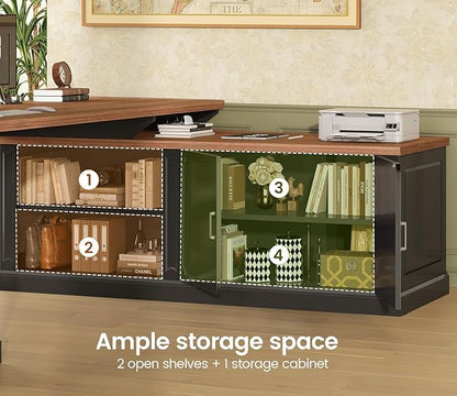 SEDETA Farmhouse L Shaped Desk with Drawers, 70.9" Home Office Desk with Storage Cabinet and Storage Shelves, L Shaped Computer Desk with Power Outlet，Black