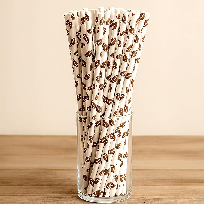 Football Straws - Pack of 100 Paper Disposable Straws, 7.75 Inches Long Fantasy Football Party Decorations - Party On Tap