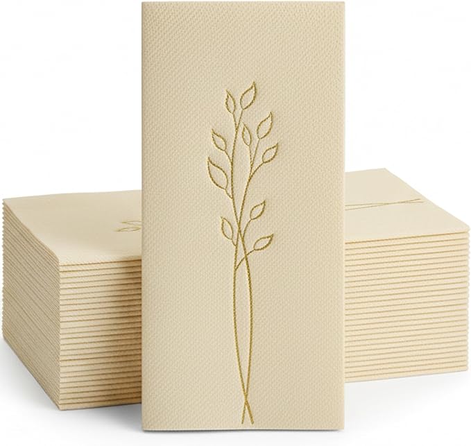 Pack of 50 Beige Guest Napkins Paper Disposable Hand Towels Linen Feel Gold Leaves Decorative Paper Dinner Hand Napkin for Bathroom Baby Shower Party Supplies Table Decor