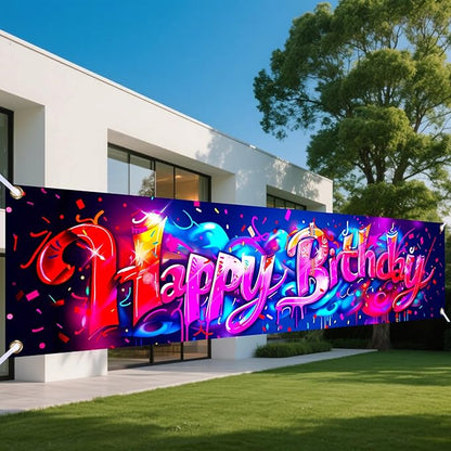 Nuxovilar Happy Birthday Banner Decorations 17.72x78.74 Inch Graffiti Neon Theme - Polyester for Indoor Outdoor Birthday Party Decor