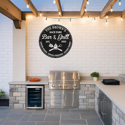 Custom BBQ Barn Metal Sign, Personalized Grill Name Cut Wall Art for Rustic Farm Patio, Outdoor Kitchen Barbecue Gift