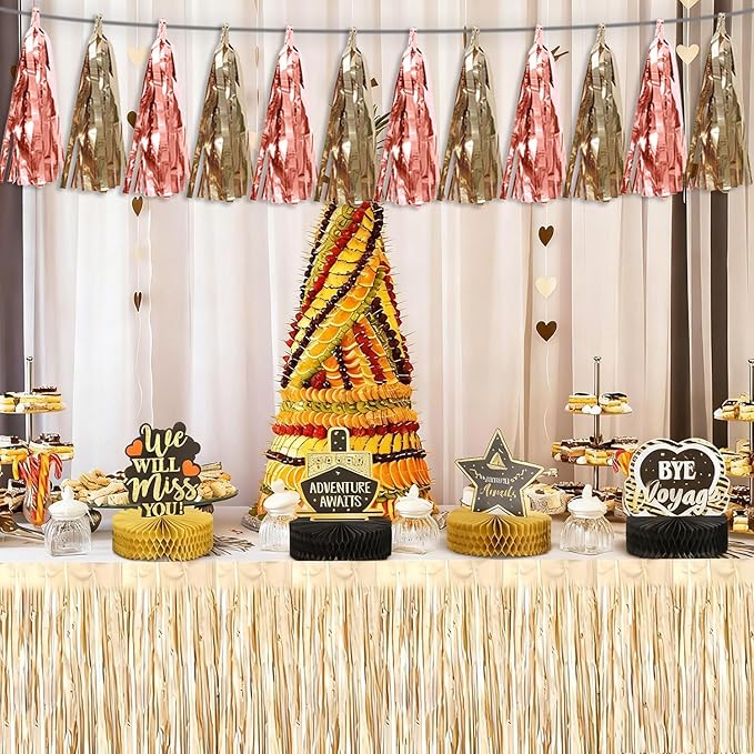 3P Rose Champagne Gold Tassel Banner Garland Metallic Foil Fringe Banner Tinsel Tassels Streamer Banner Backdrop for Parade Floats, Graduation Decorations, Wedding Party Decoration
