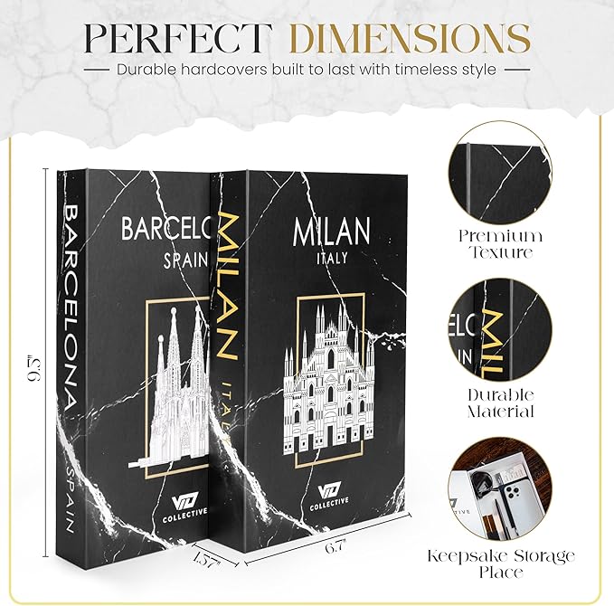 Decorative Book Milan/Barecelona (Black) Fake Books w/ Hidden Storage for Coffee Table, Bookshelf or Mantle decor w/ Magnet Closure - Aesthetic Book Decor for Living room, Bedroom, Entry Way, Keepsake