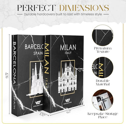 Decorative Book Milan/Barecelona (Black) Fake Books w/ Hidden Storage for Coffee Table, Bookshelf or Mantle decor w/ Magnet Closure - Aesthetic Book Decor for Living room, Bedroom, Entry Way, Keepsake