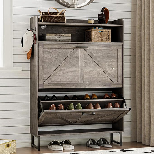 Shoe Cabinet with 2 Flip Drawers Narrow Shoe Storage Organizer Wooden Freestanding Rack Hidden Slim Shoes Storage Cabinet for Entryway, Hallway, Living Room, Bedroom (Grey)