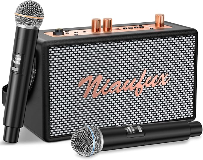 Karaoke Machine, Retro-Design Speaker with 2 Wireless Microphones for Adults & Kids, Portable Karaoke System for Home Party, Bluetooth/AUX/USB/TF/TWS Support, Gifts for Women & Girls