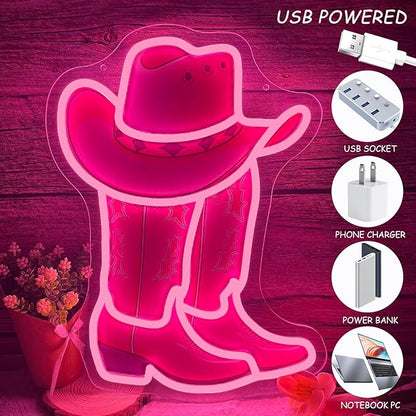 Cowboy Boot Neon Sign Cowboy Hat Neon Light 16.2”x12.3” Pink Cowgirl LED Sign for Wall Decor Dimmable Western Cowgirl Light Up Signs for Bedroom Game Room Presents for Birthday Party Rodeo Enthusiast