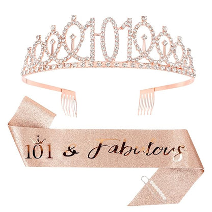 CIEHER 101th Birthday Decorations for Women: Crown, Sash, Pearl Pin - Fabulous 101st Birthday Tiara