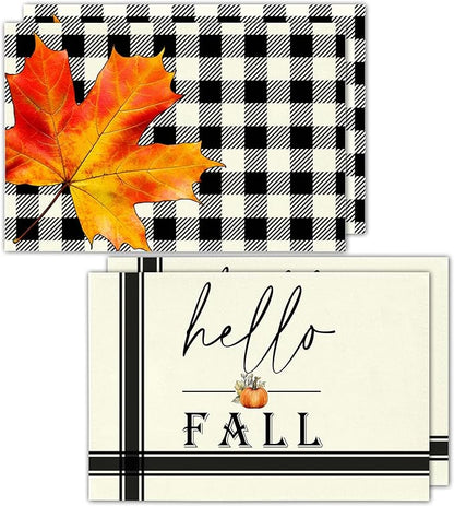 Hello Fall Placemats Set of 4, 12x18 Inch Maple Leaves Buffalo Plaid Table Mats, Washable Heat Resistant Place Mats for Kitchen Dining Table, Autumn Home Farmhouse Decor-B01