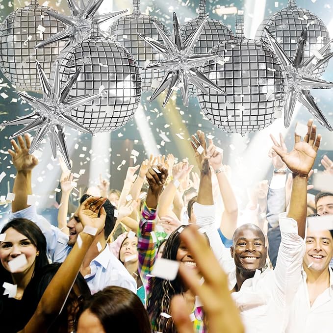 OuMuaMua Disco Ball Balloons for 70s Disco Party Decor, 22 Inch Large 4D Metallic Silver Disco Balloons with Stars Balloon for Themed Party, Birthday New Year Christmas Decor 9pcs