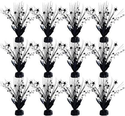 12 Pack Metallic Black Color Foil Star Brust Table Centerpices for Halloween, Holiday Party Decor Metallic Star Spray Balloon Weights for Halloween Party, Table Decor for Party