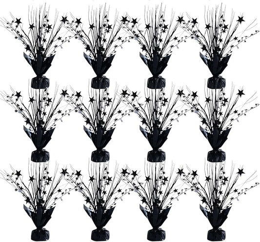 12 Pack Metallic Black Color Foil Star Brust Table Centerpices for Halloween, Holiday Party Decor Metallic Star Spray Balloon Weights for Halloween Party, Table Decor for Party