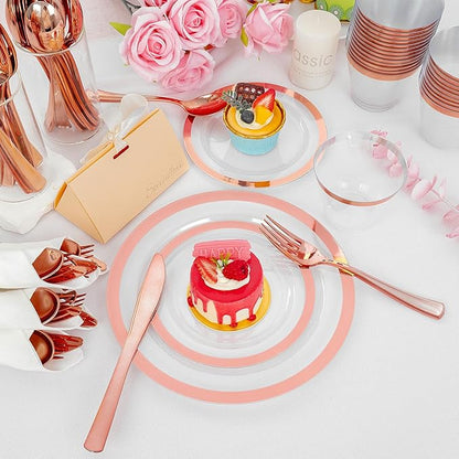 Liacere 350PCS Rose Gold Plastic Plates - Clear with Rose Gold Rim for 50Guests Dinnerware - Include 100 Plates disposable 150 PCS Silverware 50 Napkins for Wedding ＆ Party & Valentine’s Day
