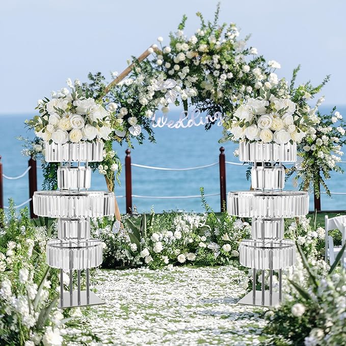 5-Tier Crystal Vase for Table Centerpiece, Large Wedding Decor Flower Stand, Metal Chandelier Stand with Crystal Pendants, Elegant Flower Display Rack for Party Event Home Wedding Decoration (Silver)
