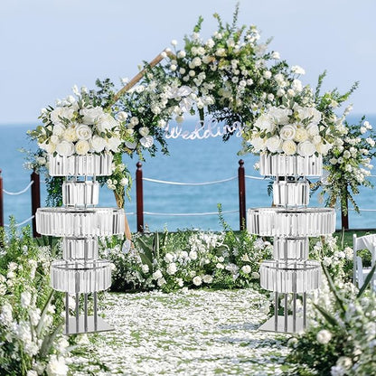 5-Tier Crystal Vase for Table Centerpiece, Large Wedding Decor Flower Stand, Metal Chandelier Stand with Crystal Pendants, Elegant Flower Display Rack for Party Event Home Wedding Decoration (Silver)