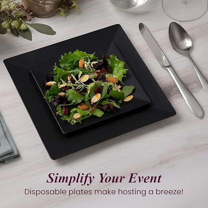 Aya's Square Plastic Plates - 6.5"/9.5" Black Disposable Plates for Party - Heavy-Duty Reusable Food Grade Plastic - 60 Count - Thick and Durable to Prevent Breaking - Ideal for Events and Gatherings