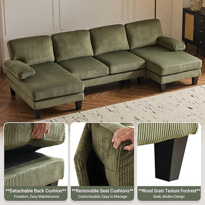 VINGLI 110" Sectional Couches for Living Room,U Shaped Couch with Double Chaise, 4-Seat Sofa Set with Corduroy Fabric for Home Furniture,Green