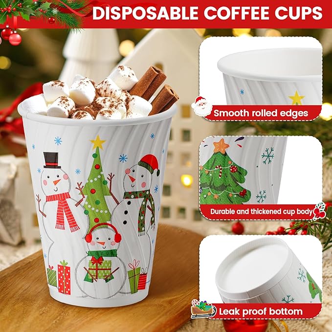 Lamosi 12 oz Christmas Coffee Cups Disposable 120 Pack, Insulated Corrugated Paper Cups 12 oz for Hot Beverage, Espresso, Coffee