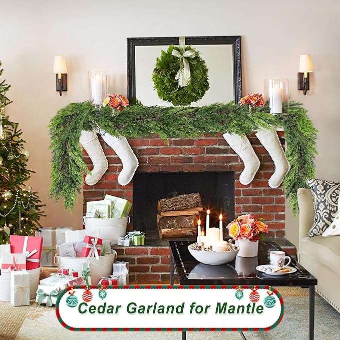 9 FT Christmas Cedar Garland, Thick Green Cypress Garlands, Real Touch Pine Garlands, Realistic Garland Christmas Decorations for Outdoor Indoor Table Mantel Railing Stair Porch Decor