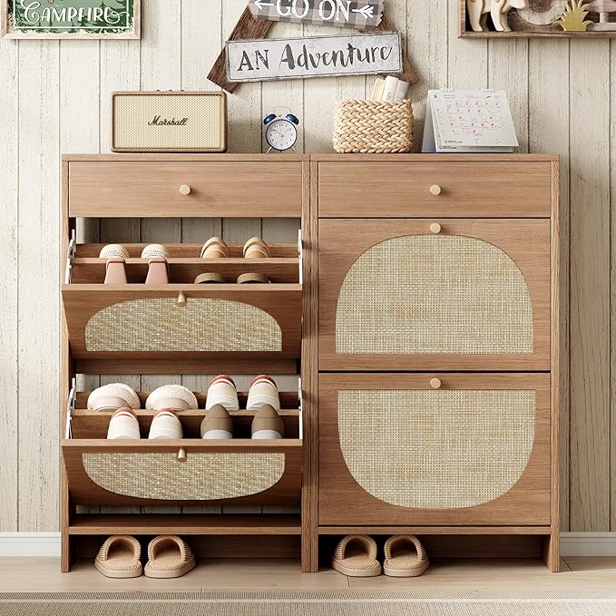 Nicetree Shoe Cabinet for Entryway, Slim Shoe Rack with 2 Flip Drawers and Top Storage Drawer, Narrow Shoe Organizer with Arched Rattan Accent, Entryway Shoe Storage for Size 12 Shoes, Caramel