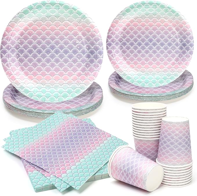 96pcs Mermaid Plates and Napkins, Mermaid Scale Paper Plates and Cups Disposable Tableware Set for 24 Guest Baby Shower Tea Kids Birthday Party Supplies Decorations