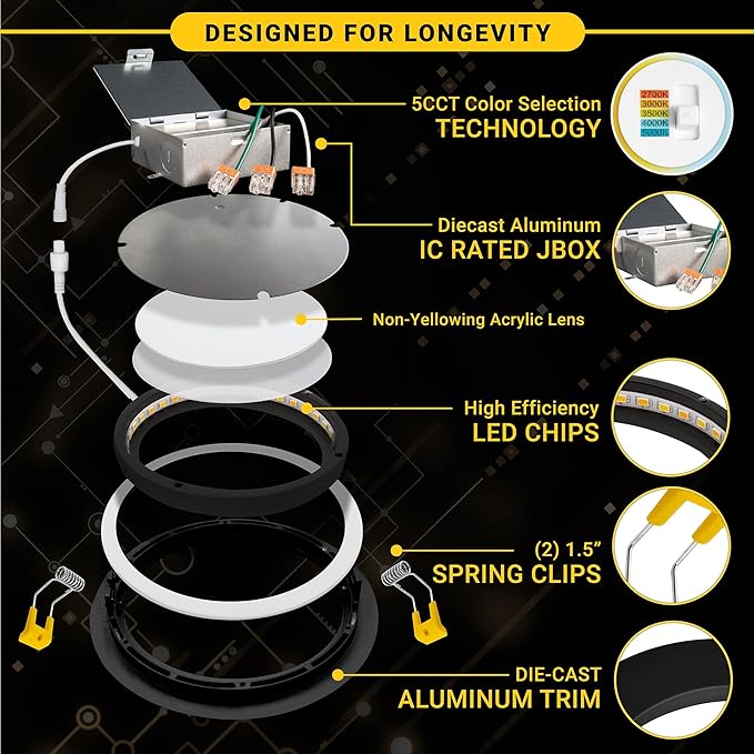 NuWatt 12 Pack, 4 Inch Black Gimbal LED Recessed Lighting, 2700K/3000K/3500K/4000K/5000K Selectable, 630LM, Dimmable, Damp Rated, Canless Adjustable Directional Lights for Sloped Ceilings, Metal J-Box