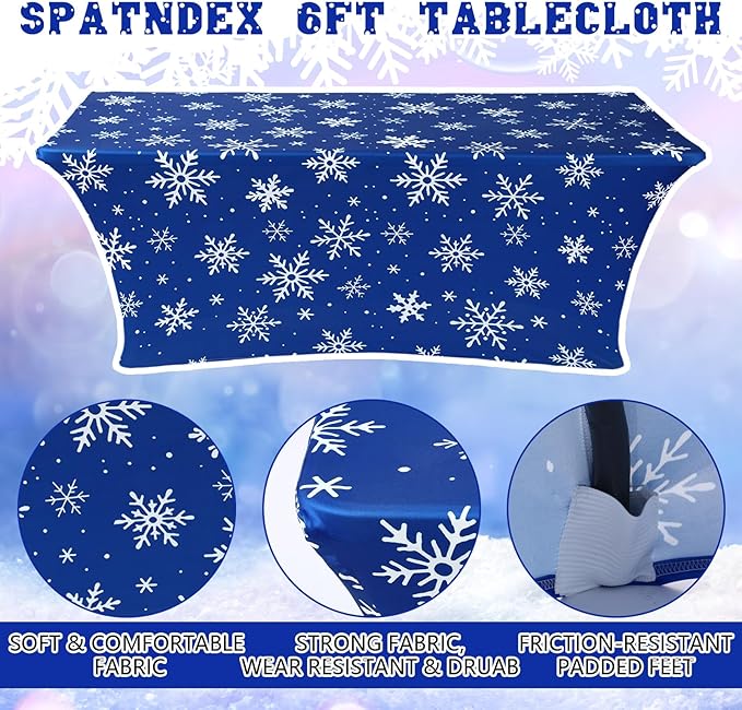 Oudain 2 Pcs Christmas Snowflake Stretch Table Cover 6 Feet Snowflake Xmas Spandex Table Clothes Christmas Trees Party Decorations for Holiday Party Celebration Picnic Dinner Decor