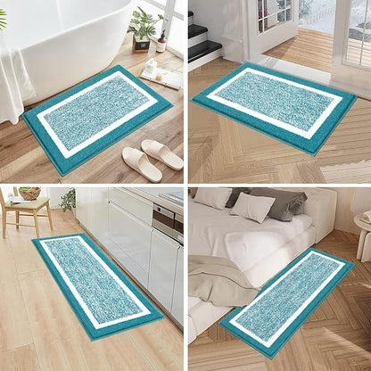 Pauwer 3 Piece Bath Mat Set, Non Slip Plush Bathroom Mats, Absorbent Shaggy Bathroom Rug Set with U-Shaped Contour Toilet Mat for Bedroom Living Room, Aqua Blue