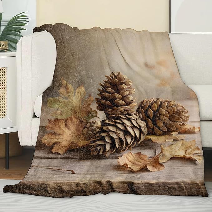 Autumn Pinecone Blanket, Rustic Fall Leaf Blankts, Gifts for Adults and Nature Lovers, Home Dorm Cabin Pet Area Picnic and Travel Decor, Soft Cozy Lightweight Flannel Throw,50"x60"
