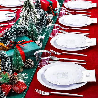 Nervure 175PCS Christmas Plastic Plates - White and Silver Disposable Plates & Silver Plastic Silverware with White Handle include 50 Plates 25Knives 25Forks 25Spoons 25Napkins for Christmas Party