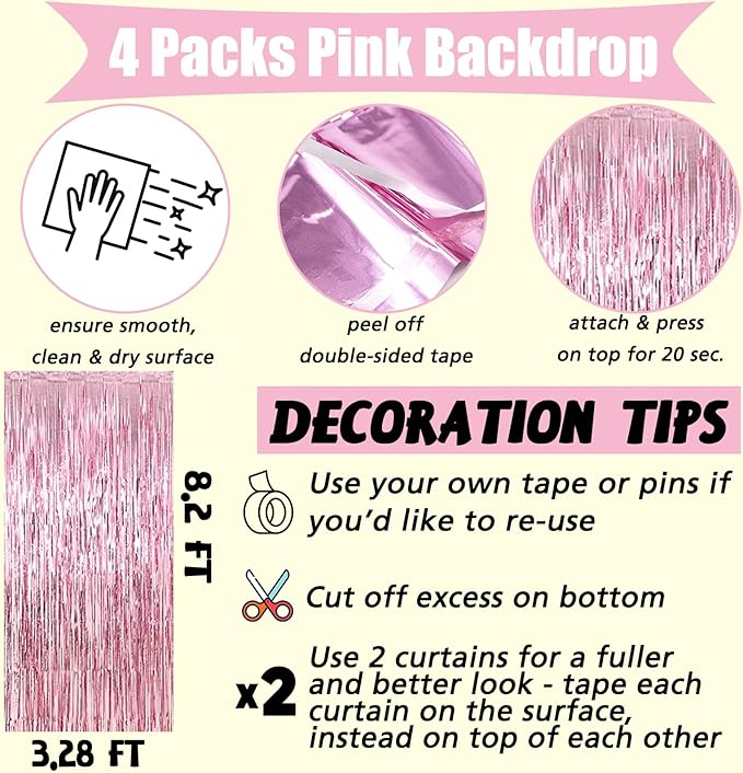 4 Pack Pink Fringe Curtain Backdrop, 3.2Ft x 8.2Ft Metallic Tinsel Foil Fringe Streamers Background for Photo Booth Birthday Wedding Baby Shower Carnival Easter Mother’s Day Party Decorations