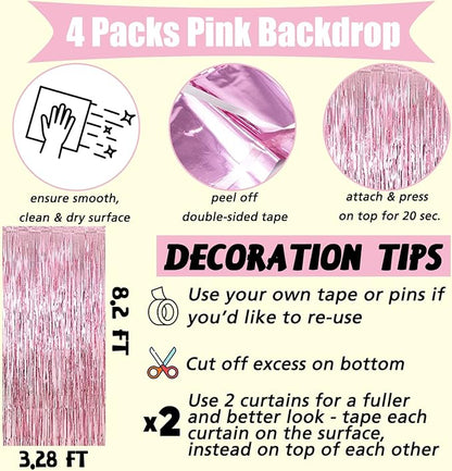 4 Pack Pink Fringe Curtain Backdrop, 3.2Ft x 8.2Ft Metallic Tinsel Foil Fringe Streamers Background for Photo Booth Birthday Wedding Baby Shower Carnival Easter Mother’s Day Party Decorations