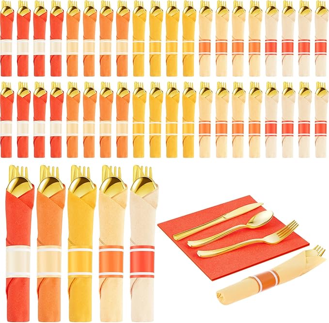 Lasnten 50 Pcs Pre Rolled Fall Thanksgiving Plastic Silverware Set Gold Disposable Plastic Cutlery Set with 50 Pcs Orange Yellow Napkins, 50 Knives, 50 Forks and 50 Spoons for Halloween Fall Parties