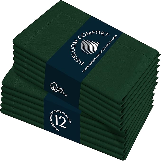 Forest Green Cloth Napkins 18x18 Inch - 12 Pack - 100% Cotton, Soft, Durable, Absorbent, Washable, Reusable - Hemstitch Mitered Edges - Perfect for Weddings, Fall, Dinner, Everyday