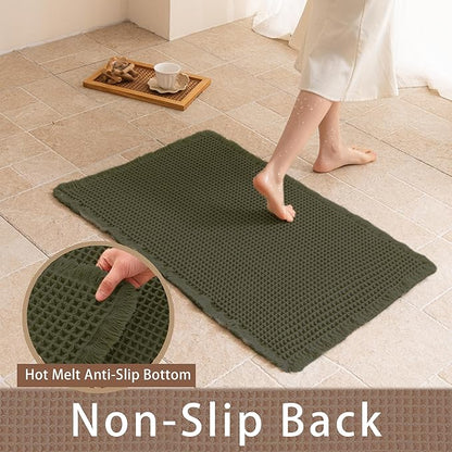Waffle Bath Mat Non Slip, Boho Bathroom Rug, Super Absorbent Quick Dry Bathroom Mat, Soft Farmhouse Bath Rug with Tassels, Small Washable Shower Mats for Floor 16"x24", Olive Green