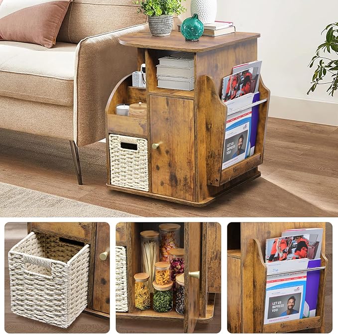 TooCust Rotating End Table with Storage, Swivel Side Table Living Room, Side Table with Magazine Holder, Basket and Cabinet, Sofa Side Farmhouse End Tables with Open Shelf (Rustic Brown)