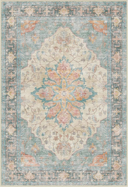 Area Rugs Round 6ft Washable Non-Slip, Floral Vintage Distress Print Pattern Medallion Carpet for Living Room Bedroom Dining Room, Blue Orange Red