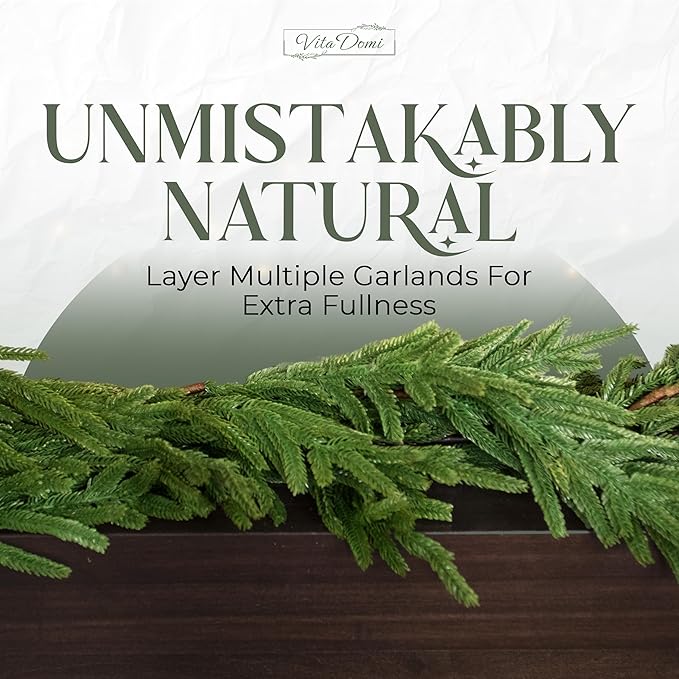 Hanging 6 ft Real Touch Norfolk Pine Garland Realistic 6ft, Christmas Garland for Mantle, Soft and Bendable Real Touch Garland Christmas Greenery, Evergreen Christmas Garlands for Fireplace, Stairs