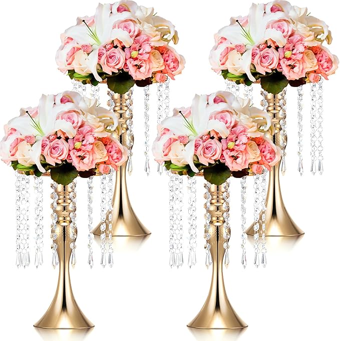 Unittype 4 Pcs Wedding Centerpieces for Tables 13 Inch Tall, Crystal Flower Stand Floral Vases for Tabletop Flower Arrangement Stand Valentines Gift Baptism Christmas Party Decor (Gold)
